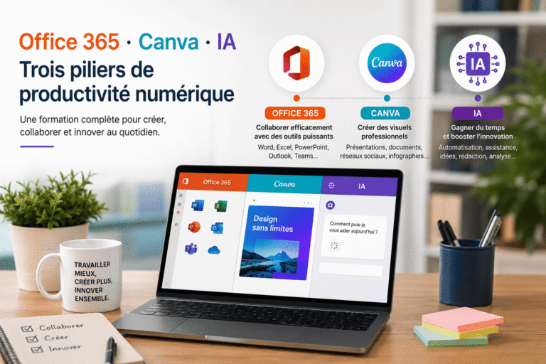 La formation combinée Office 365 · Canva · IA couvre trois piliers de productivité numérique.